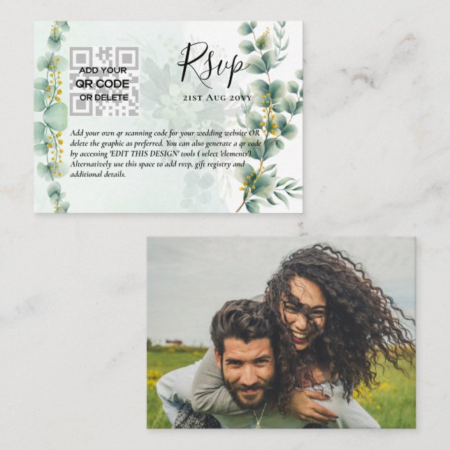100 x QR CODE WEDDING RSVP Eucalyptus PHOTO Budget Business Card (Front/Back)
