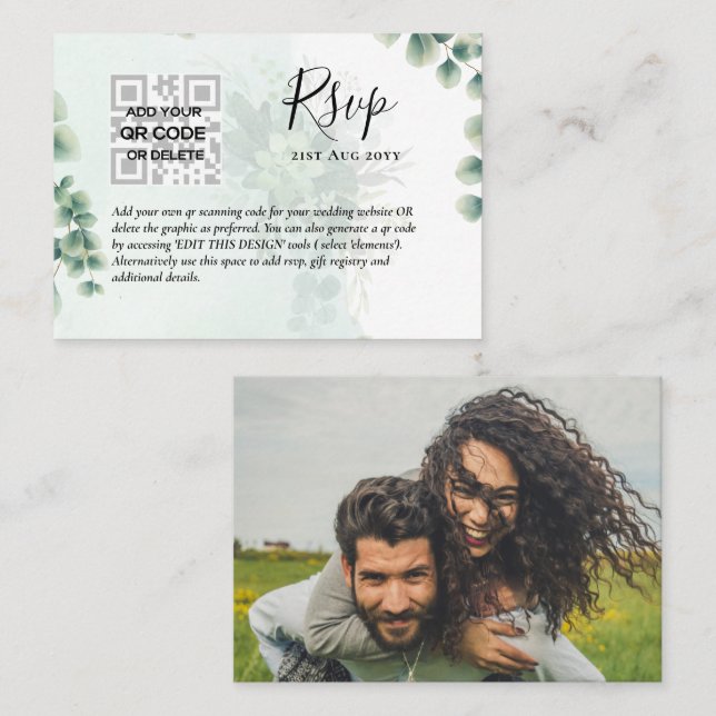 100 x QR CODE WEDDING RSVP Eucalyptus PHOTO Budget Business Card (Front/Back)