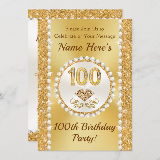 100 year Birthday Invitations, Lovely Personalised Invitation (Front/Back)