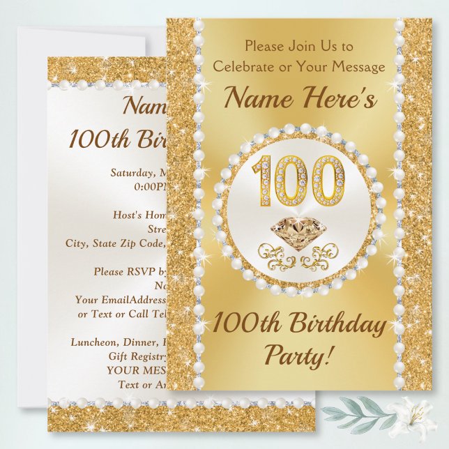 100 year Birthday Invitations, Lovely Personalised Invitation (100th birthday party invitations. Personalized 100th birthday invites for 100th birthday supplies.)