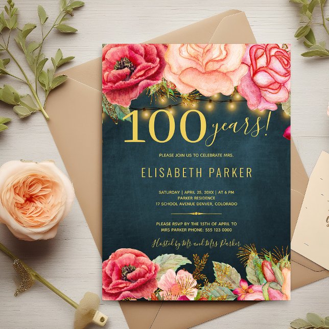 100 years floral elegant 100th birthday party invitation (Creator Uploaded)