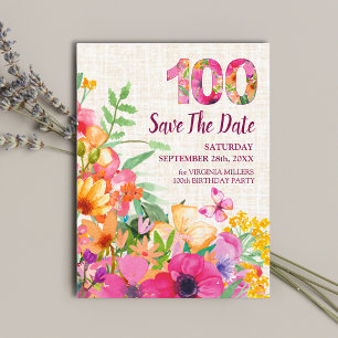 100 Years Flowers Floral Linen 100th Birthday Announcement Postcard