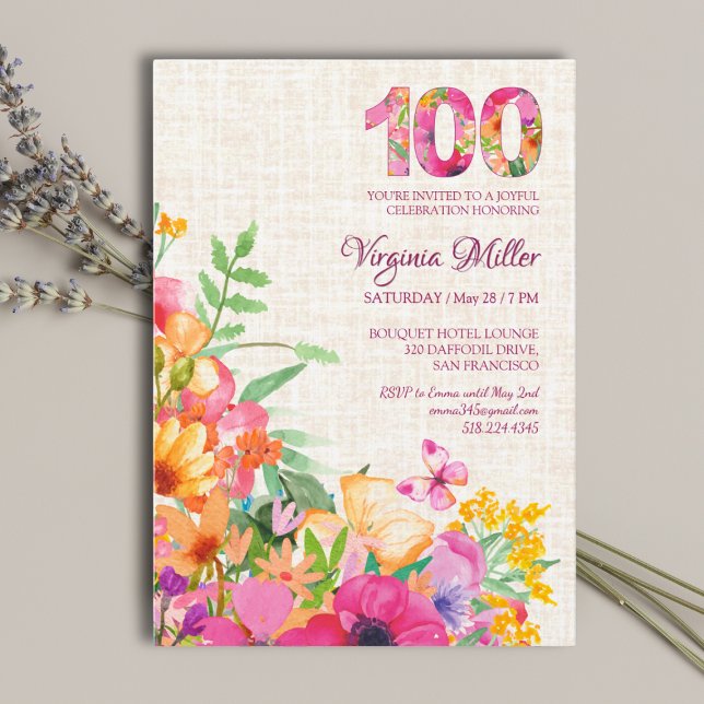 100 Years Flowers Floral Linen 100th Birthday Invitation (Creator Uploaded)