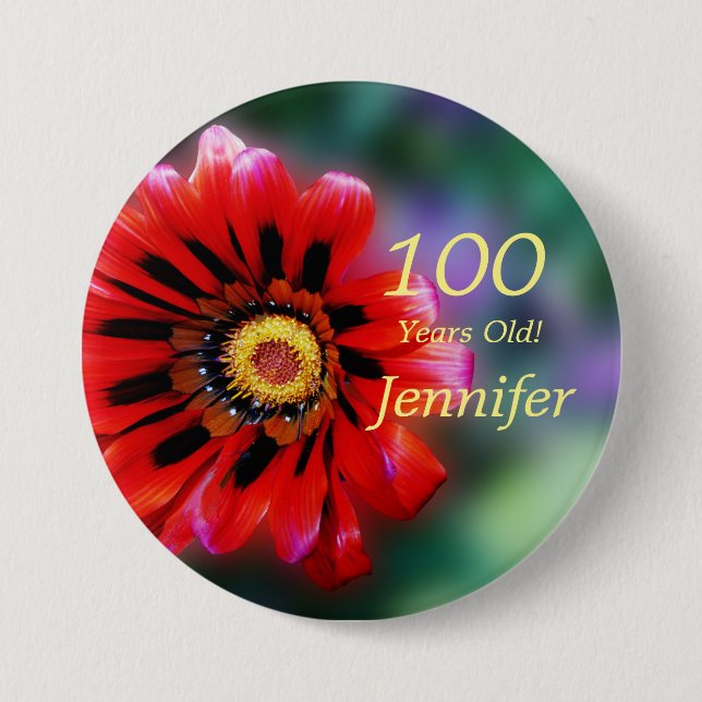 100 Years Old, Vivid Red Gazania Flower Button Pin (Front)