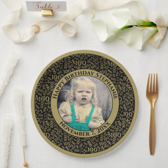 100 Your Photo Random Number Pattern Black/Gold Paper Plate (Wedding)