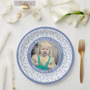 100 Your Photo Random Number Pattern Blue/White Paper Plate