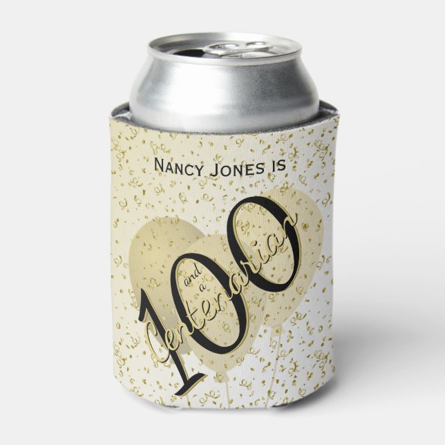100 Yrs Centenarian Birthday Black/Gold Text Can Cooler (Can Front)