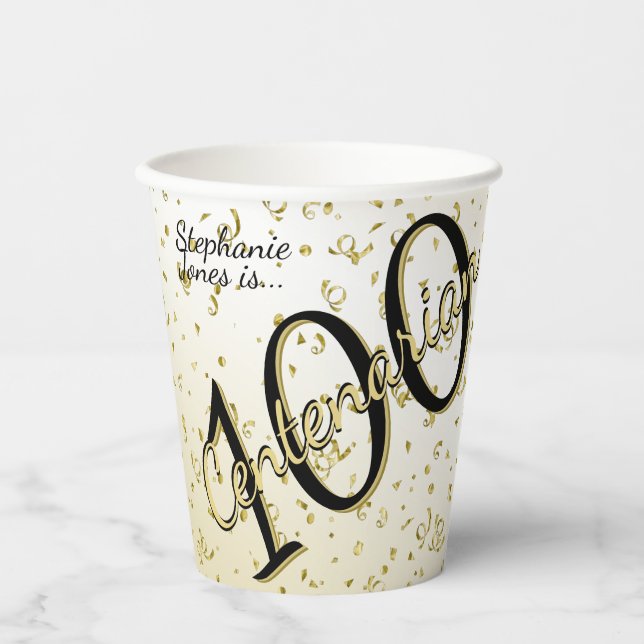 100 Yrs Centenarian Birthday Black/Gold Text Paper Cups (Front)