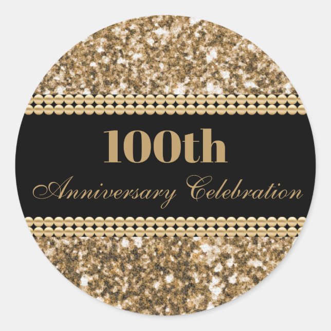 100th Anniversary Celebration Gold Glitter Pearls Classic Round Sticker (Front)