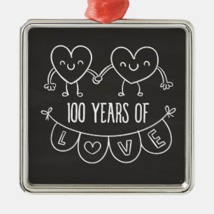 100th Anniversary Gift Chalk Hearts Metal Tree Decoration