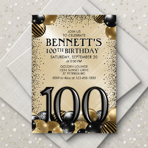 100th Balloons Black Gold Birthday Invitation