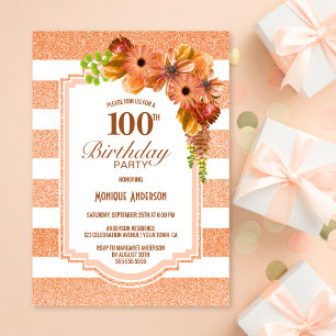 100th Birthday Apricot Striped Floral Party Invitation