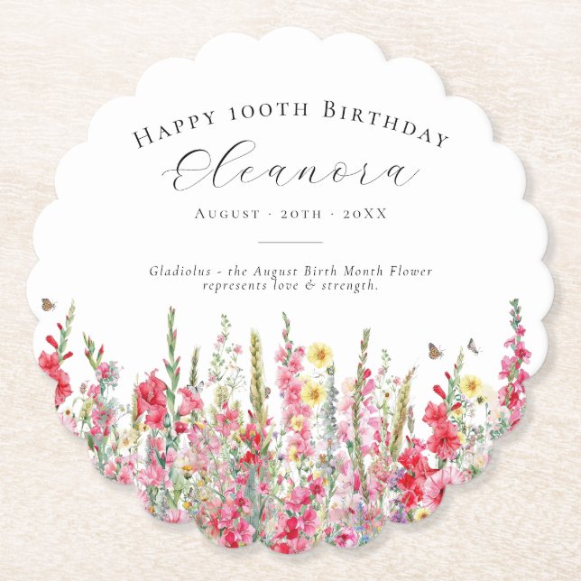 100th Birthday August Birth Flower Custom Paper Coaster (Front)