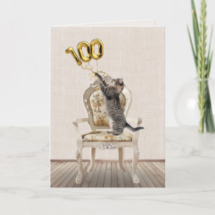 100th Birthday Balloons and Tabby Cat Card