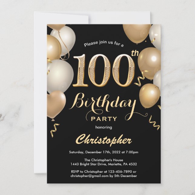 100th Birthday Black and Gold Balloons Confetti Invitation (Front)