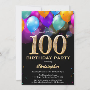 100th Birthday Black and Gold Colourful Balloons Invitation