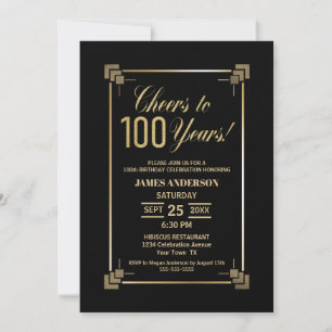 100th Birthday Black and Gold Party Invitation