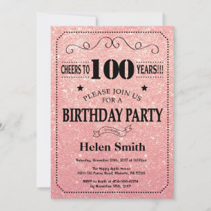 100th Birthday Black and Pink Rose Gold Glitter Invitation