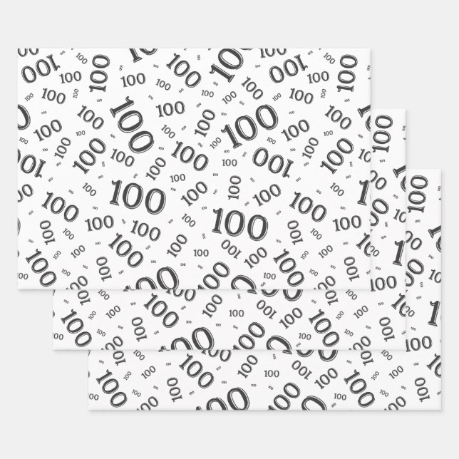 100th Birthday Black and White Number Pattern 100 Wrapping Paper Sheet (Set)