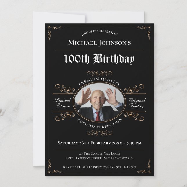 100th Birthday Black Gold Aged to Perfection Grand Invitation (Front)