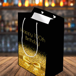 100th birthday black gold bow medium gift bag