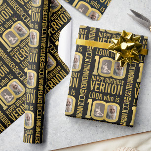 100th birthday black gold custom photos name wrapping paper