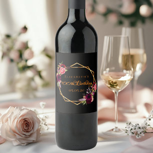 100th birthday black gold floral burgundy wine label