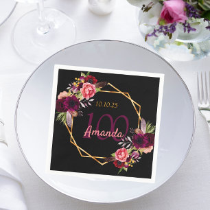 100th birthday black gold geo floral burgundy napkin