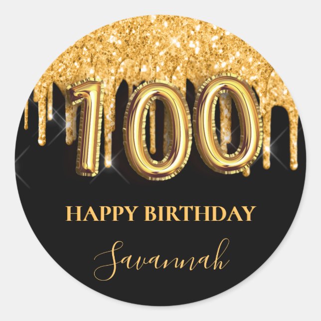 100th birthday black gold glitter balloon party classic round sticker (Front)