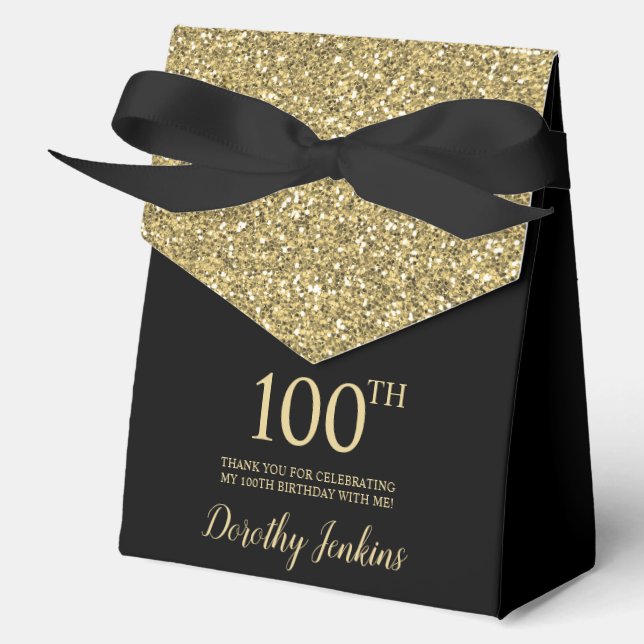 100th Birthday Black Gold Glitter Thank You Favour Box (Front)
