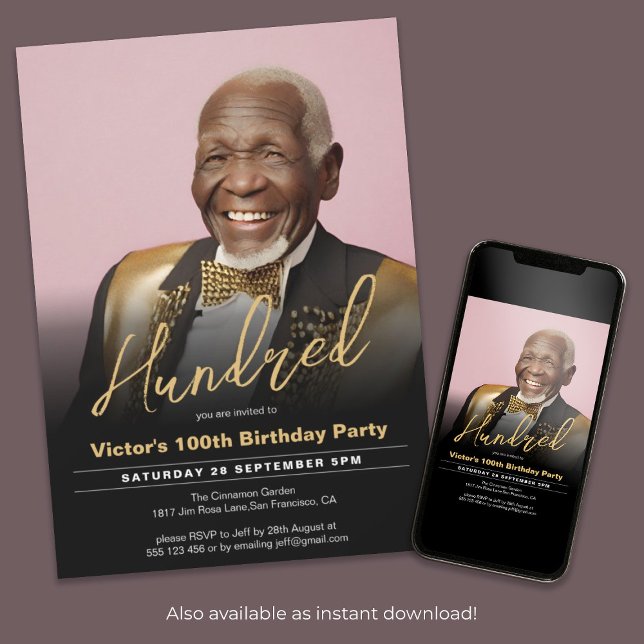 100th Birthday Black Gold Minimal Modern Photo Invitation (100th Birthday Black Gold Minimal Modern Photo Invitation)