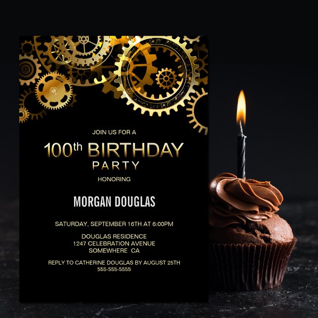 100th Birthday Black Gold Steampunk Watch Gears Invitation (Creator Uploaded)