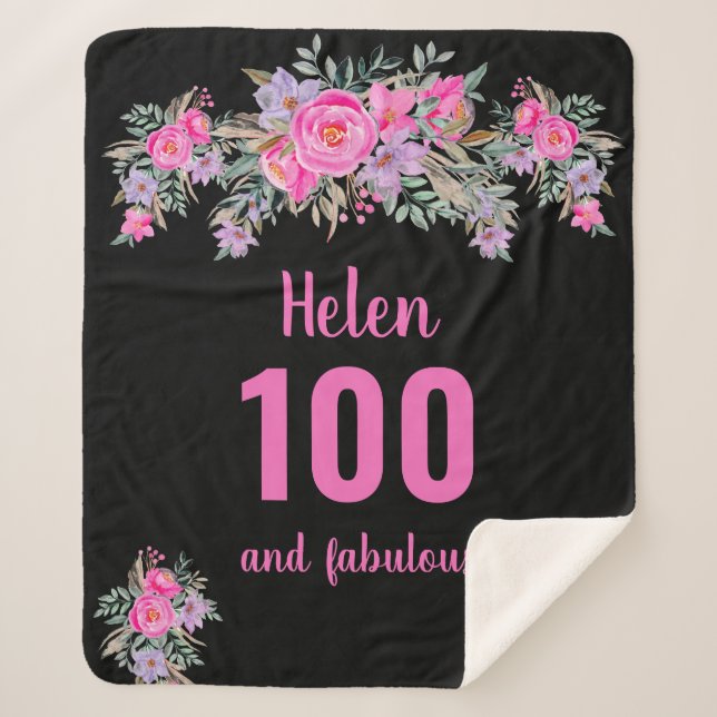 100th birthday black pink floral  sherpa blanket (Front)