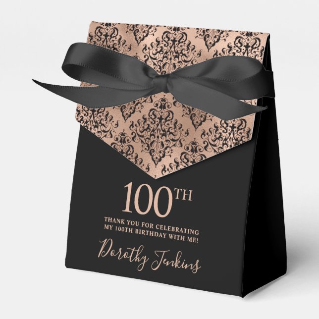 100th Birthday Black Rose Gold Damask Thank You Favour Box (Front Side)