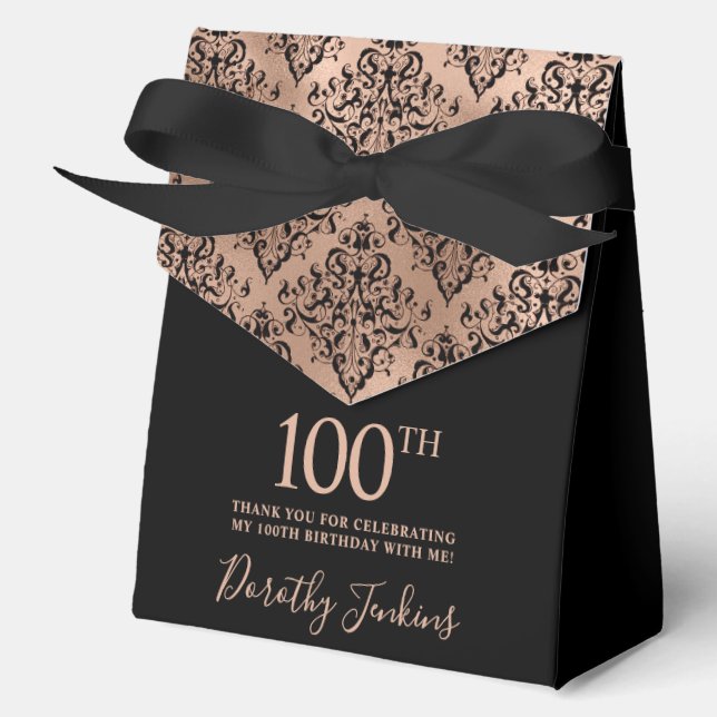 100th Birthday Black Rose Gold Damask Thank You  Favour Box (Front)