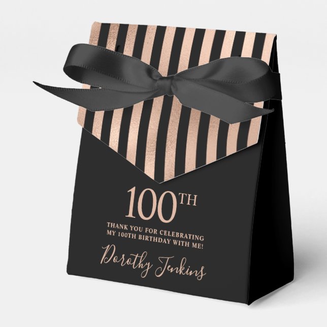 100th Birthday Black Rose Gold Striped Thank You Favour Box (Front Side)