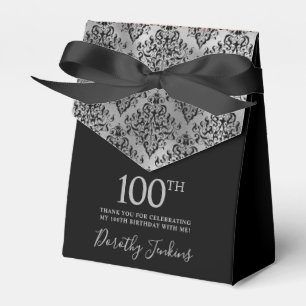 100th Birthday Black Silver Damask Thank You Favour Box