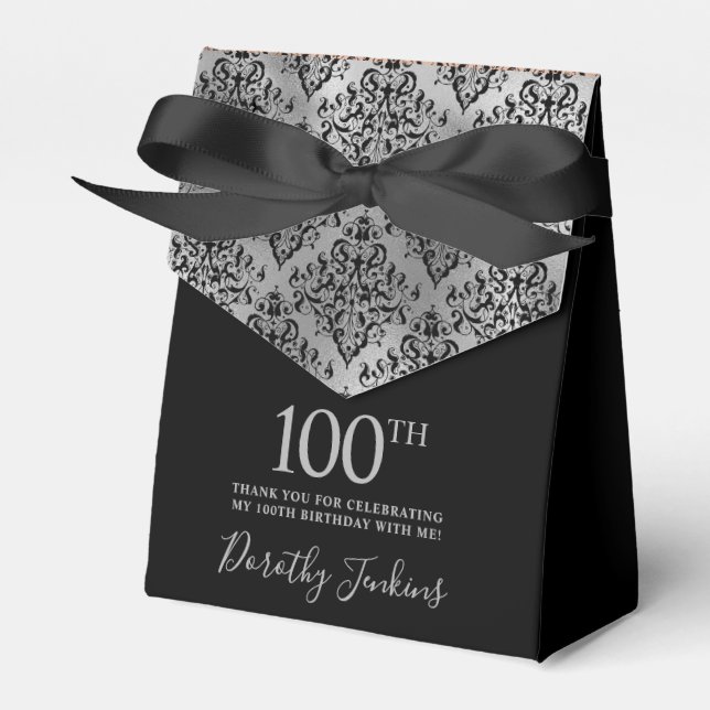 100th Birthday Black Silver Damask Thank You Favour Box (Front Side)