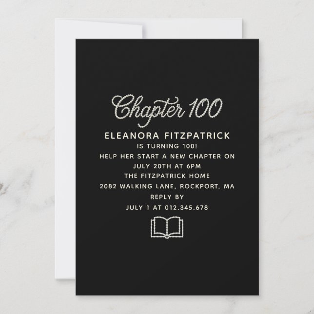 100th Birthday Black White Pearl Script Chapter Invitation (Front)