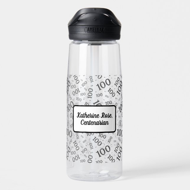 100th Birthday Black & White Random Number Pattern Water Bottle (Back)