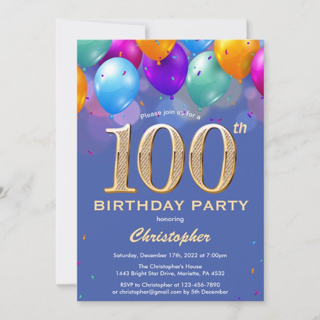 100th Birthday Blue and Gold Colourful Balloons Invitation (Front)