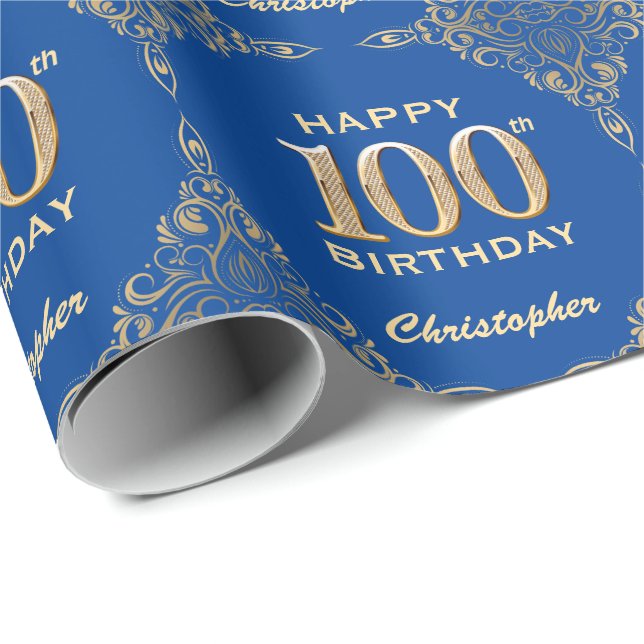 100th Birthday Blue and Gold Glitter Frame Wrapping Paper (Roll Corner)