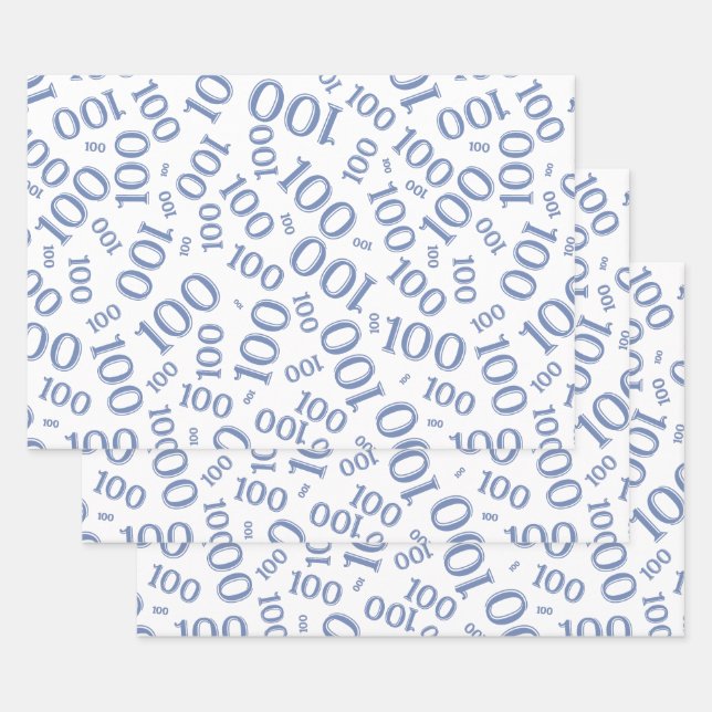 100th Birthday Blue and White Number Pattern 100 Wrapping Paper Sheet (Set)