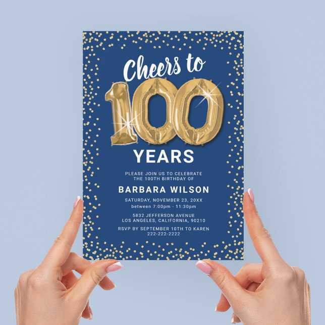 100th Birthday Blue Gold Invitation (Creator Uploaded)