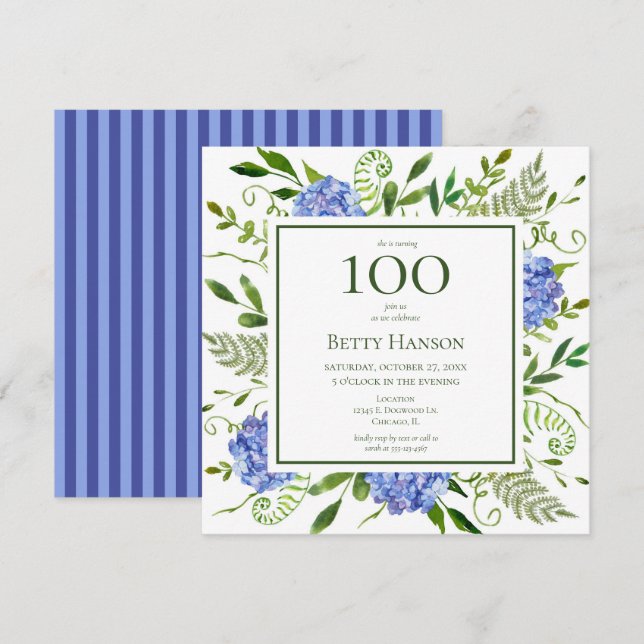 100th Birthday Blue Hydrangeas Invitation (Front/Back)