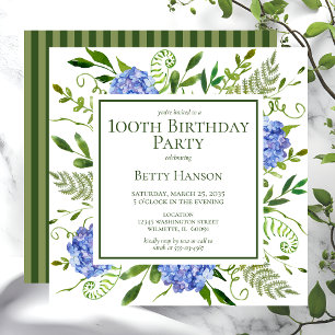 100th Birthday Blue Hydrangeas Invitation