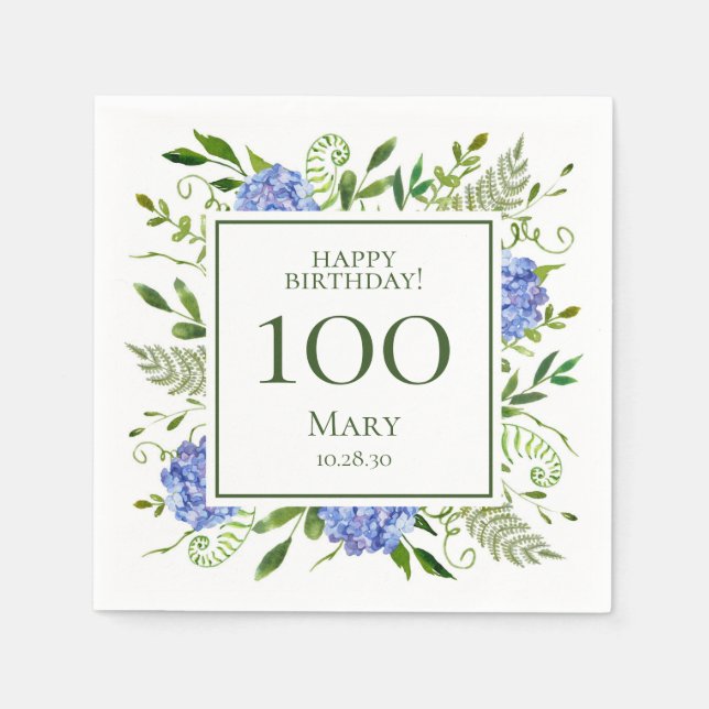 100th Birthday Blue Hydrangeas Napkin (Front)