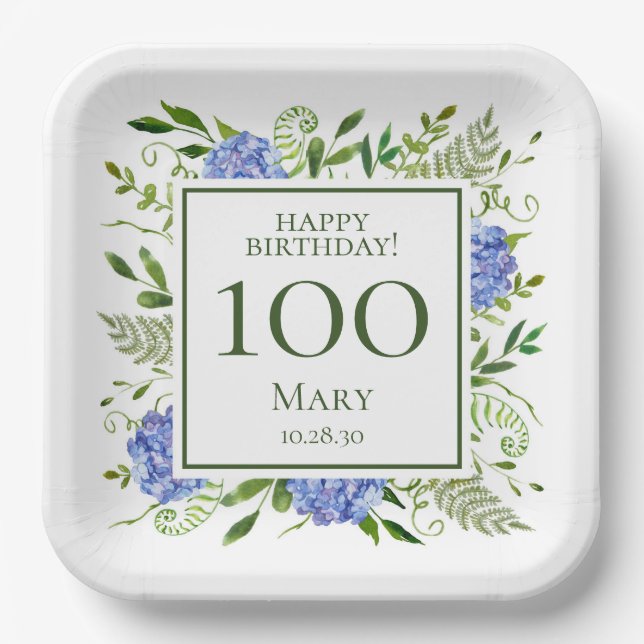100th Birthday Blue Hydrangeas Paper Plate (Front)