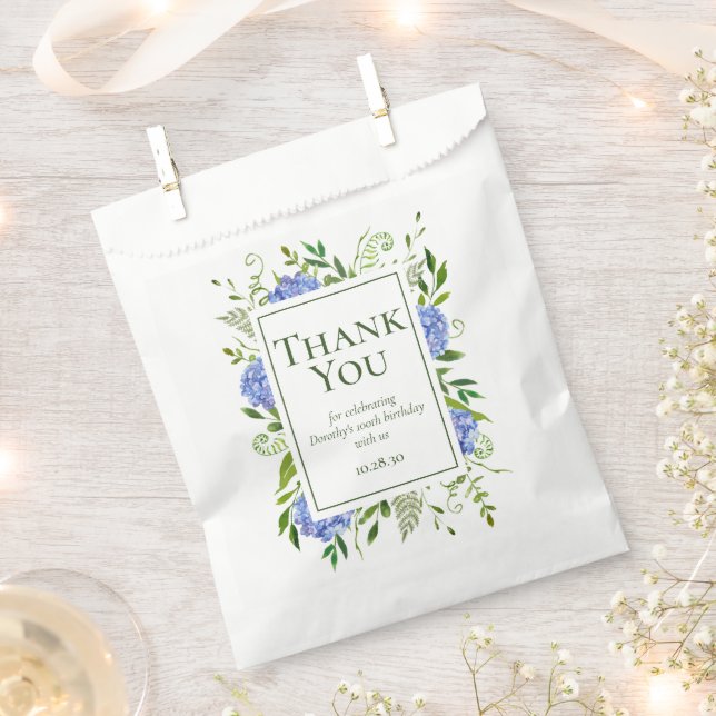 100th Birthday Blue Hydrangeas Thank You Favour Bag (Clipped)