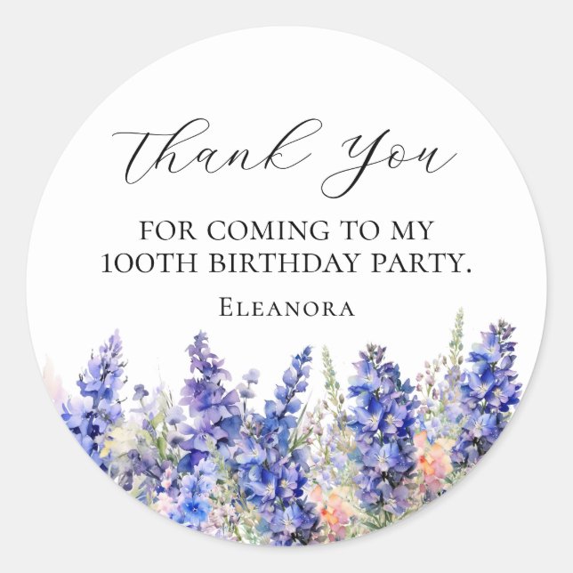 100th Birthday Blue July Birth Flower Custom Flat Classic Round Sticker (Front)